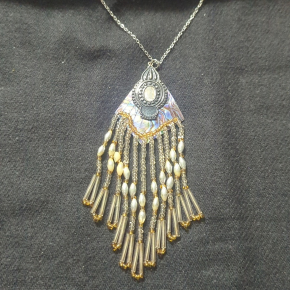 Vintage Jewelry - Vintage Silver Tone Abalone Shell Beaded Dangle Pendant Statement Necklace